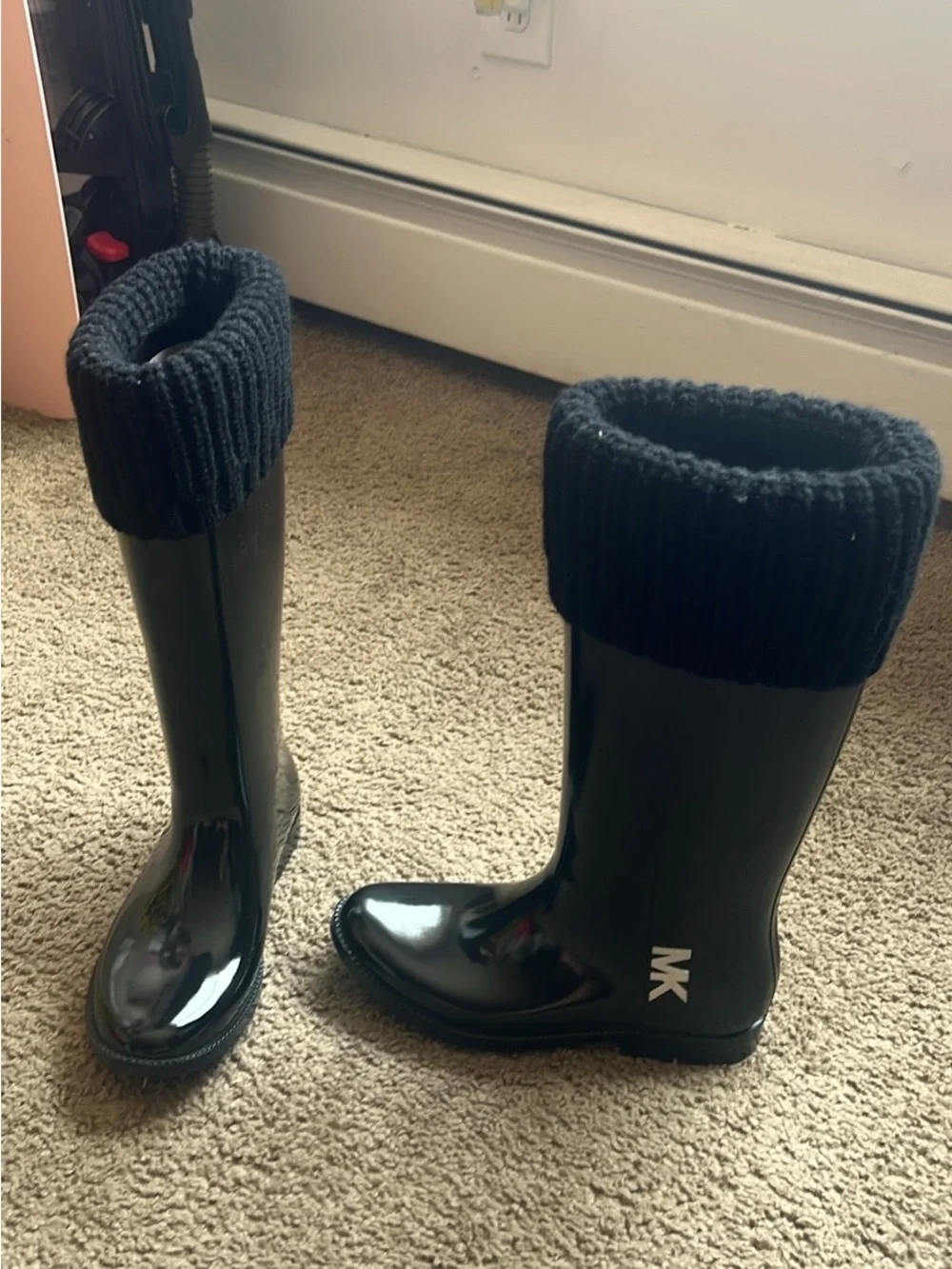 Michael Kors Black Glossy Rain Boots with Knit Cuff